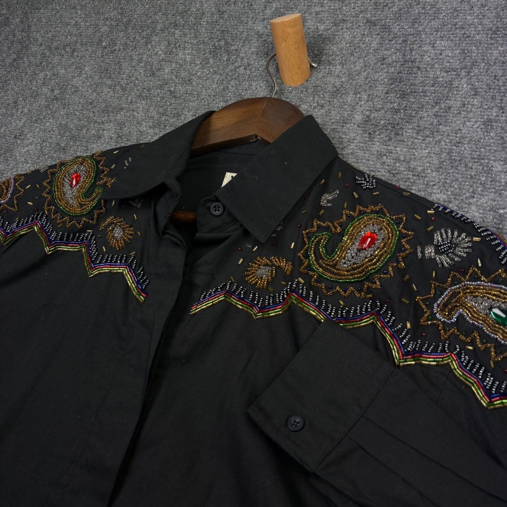 Wrangler Western Shirt Womens Medium Black Beaded Sequin Paisley Cowgirl Rodeo